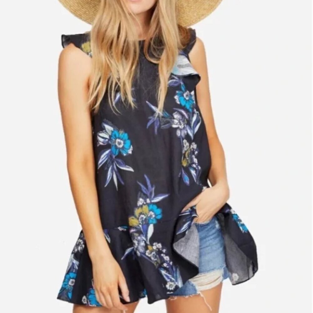 NWT Free People Cottage Black Floral Linen Tunic Blouse